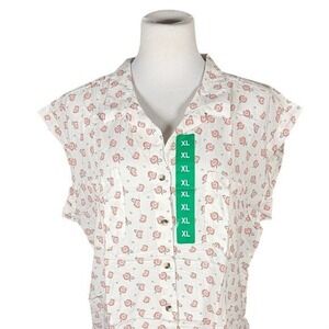 Jachs Girlfriend Womens XL Floral Button Down Shirt White Red Rayon Cap Sleeve